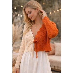 all in favor sweater Colorblock Knit Tie Front Cropped Cardigan Sweater Boho S